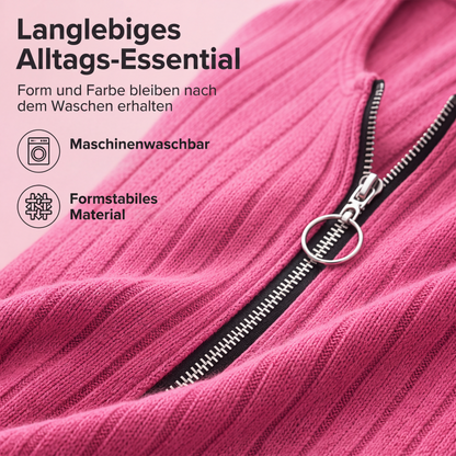 🚨 Eilmeldung: 50% endet heute Nacht! Langarm-Oberteil für Damen aus Rippstrick mit Reißverschluss und V-Ausschnitt