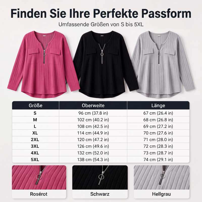 🚨 Eilmeldung: 50% endet heute Nacht! Langarm-Oberteil für Damen aus Rippstrick mit Reißverschluss und V-Ausschnitt