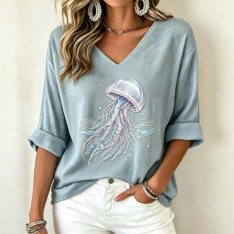 🌸 Print-T-Shirt mit V-Ausschnitt – Leichter Stoff, atmungsaktiv & vielseitig kombinierbar – Ideal für Frühling, Sommer & entspannte Stunden