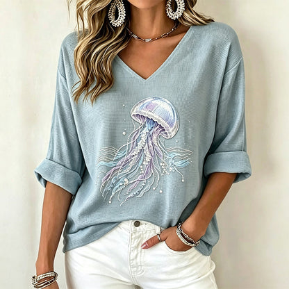 🌸 Print-T-Shirt mit V-Ausschnitt – Leichter Stoff, atmungsaktiv & vielseitig kombinierbar – Ideal für Frühling, Sommer & entspannte Stunden