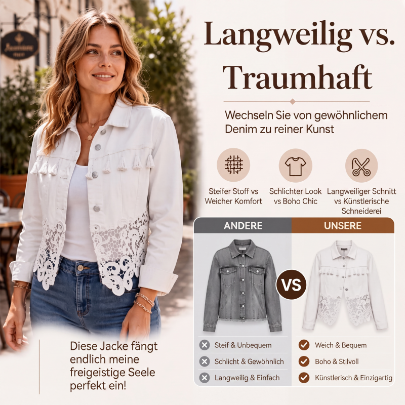 📢📢50%Rabatt!!!🎉✨Jeansjacke für Damen mit Spitzendetails