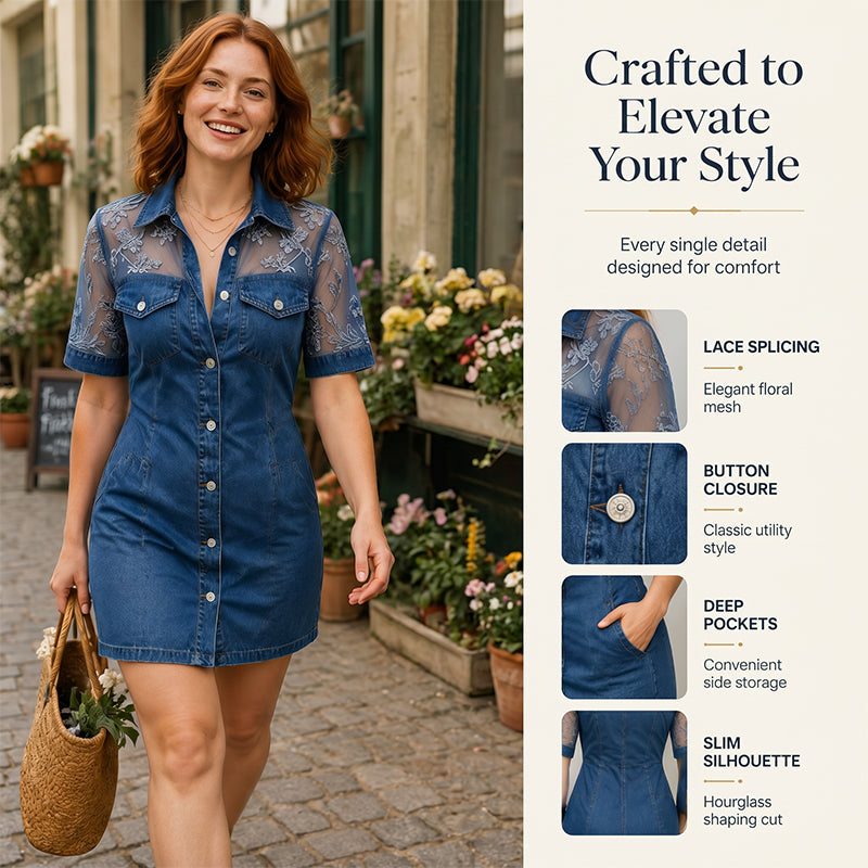 👗 50% RABATT! ✨ Damen transparentes Spitzen-Denim-Minikleid – Figurbetont & trendig – Perfekt für Party, Date oder Sommerabende – ein Blickfang mit Stil und Leichtigkeit 💎