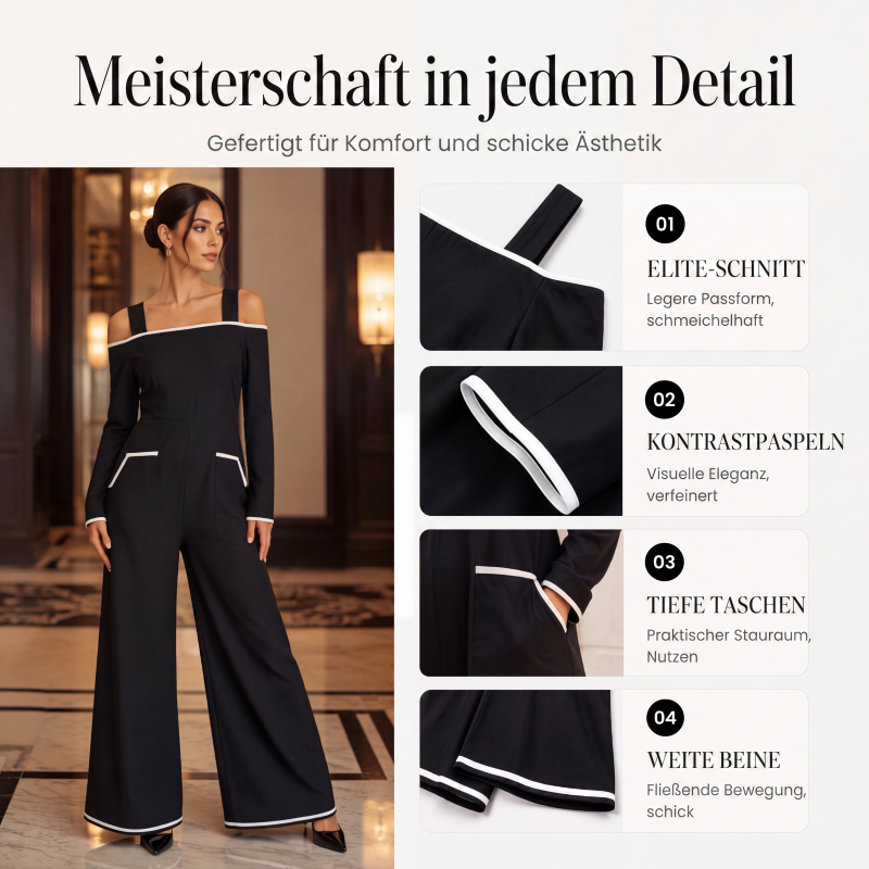 👗 Damen-Carmen-Jumpsuit mit Kontrastbesatz – Eleganter Look, femininer Schnitt & stilvolles Detail | Perfekt für warme Tage, Urlaub & besondere Anlässe – Jetzt -50%!