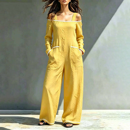 👗 Damen-Carmen-Jumpsuit mit Kontrastbesatz – Eleganter Look, femininer Schnitt & stilvolles Detail | Perfekt für warme Tage, Urlaub & besondere Anlässe – Jetzt -50%!