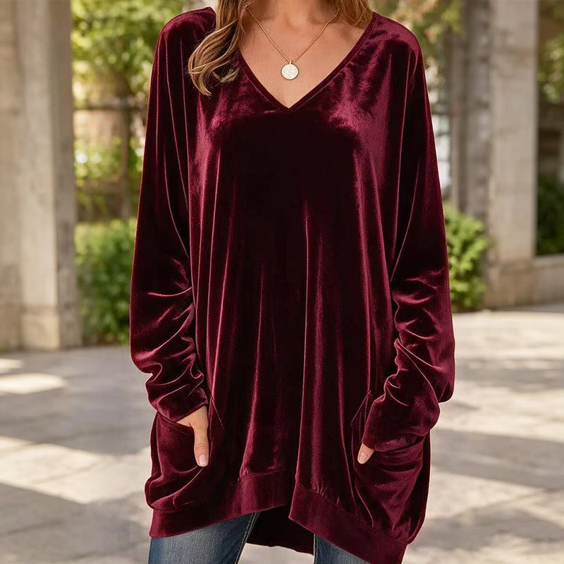 👚 Samt-Oberteil für Damen mit V-Ausschnitt & langen Ärmeln – Edler Glanz, weicher Stoff & feminine Silhouette | Perfekt für Alltag, Büro & besondere Anlässe – Jetzt -50%!