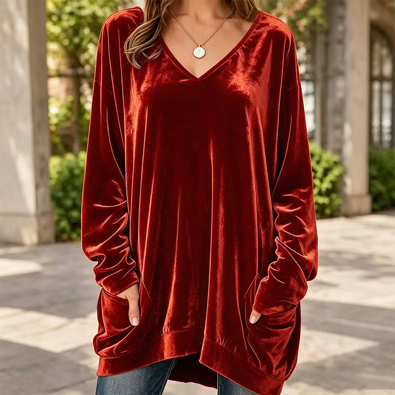 👚 Samt-Oberteil für Damen mit V-Ausschnitt & langen Ärmeln – Edler Glanz, weicher Stoff & feminine Silhouette | Perfekt für Alltag, Büro & besondere Anlässe – Jetzt -50%!