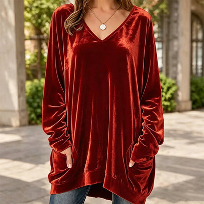 👚 Samt-Oberteil für Damen mit V-Ausschnitt & langen Ärmeln – Edler Glanz, weicher Stoff & feminine Silhouette | Perfekt für Alltag, Büro & besondere Anlässe – Jetzt -50%!