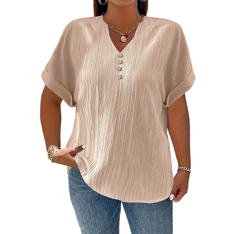📢📢50%Rabatt!!!🎉✨Damen lässiges V-Ausschnitt-Kurzarm-Oberteil mit texturierter Knitteroptik