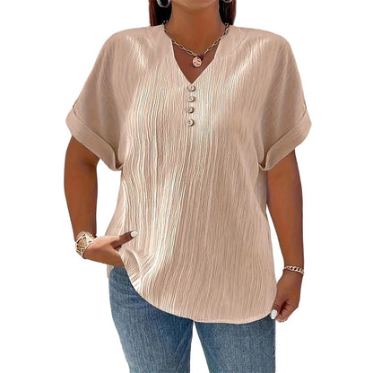 📢📢50%Rabatt!!!🎉✨Damen lässiges V-Ausschnitt-Kurzarm-Oberteil mit texturierter Knitteroptik