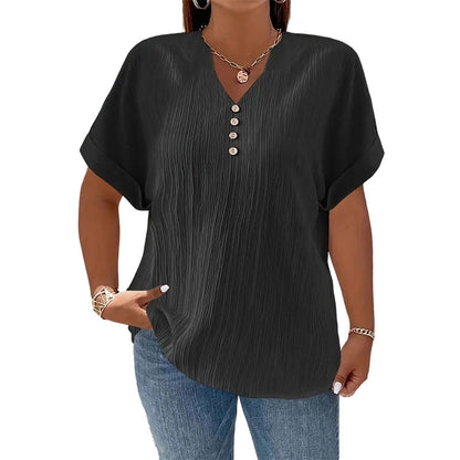 📢📢50%Rabatt!!!🎉✨Damen lässiges V-Ausschnitt-Kurzarm-Oberteil mit texturierter Knitteroptik