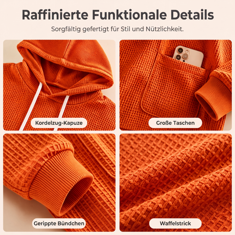 🧥 Lockere Damen-Kapuzenpullover aus Waffelstrick mit Taschen – Kuscheliger Waffelstrick, praktische Taschen & lässiger Look | Perfekt für Alltag, Freizeit & kühle Tage – Jetzt -50%!