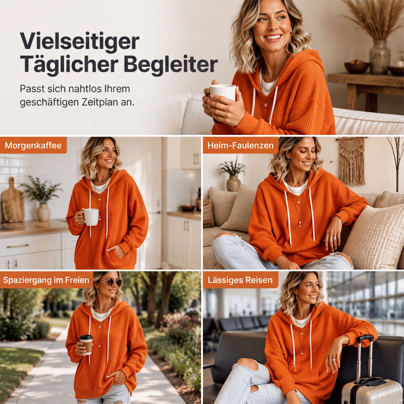 🧥 Lockere Damen-Kapuzenpullover aus Waffelstrick mit Taschen – Kuscheliger Waffelstrick, praktische Taschen & lässiger Look | Perfekt für Alltag, Freizeit & kühle Tage – Jetzt -50%!