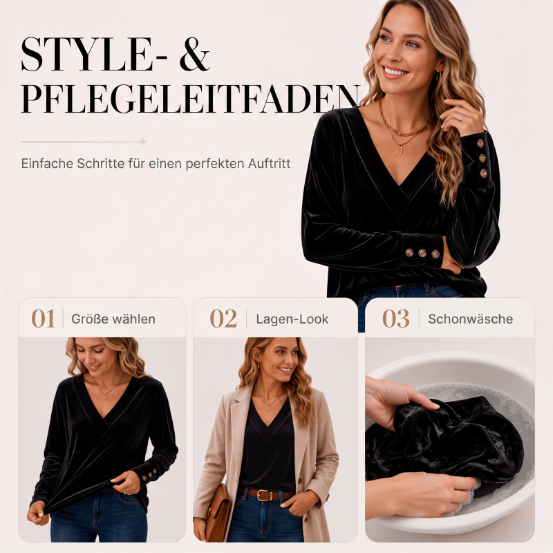 👚 Damen Samtoberteil mit V-Ausschnitt & langen Ärmeln – Edler Glanz, weicher Samt & feminine Silhouette | Perfekt für Alltag, Büro & besondere Anlässe – Jetzt -50%!