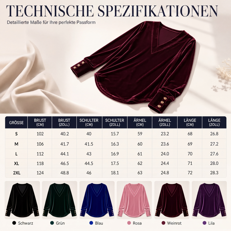 👚 Damen Samtoberteil mit V-Ausschnitt & langen Ärmeln – Edler Glanz, weicher Samt & feminine Silhouette | Perfekt für Alltag, Büro & besondere Anlässe – Jetzt -50%!