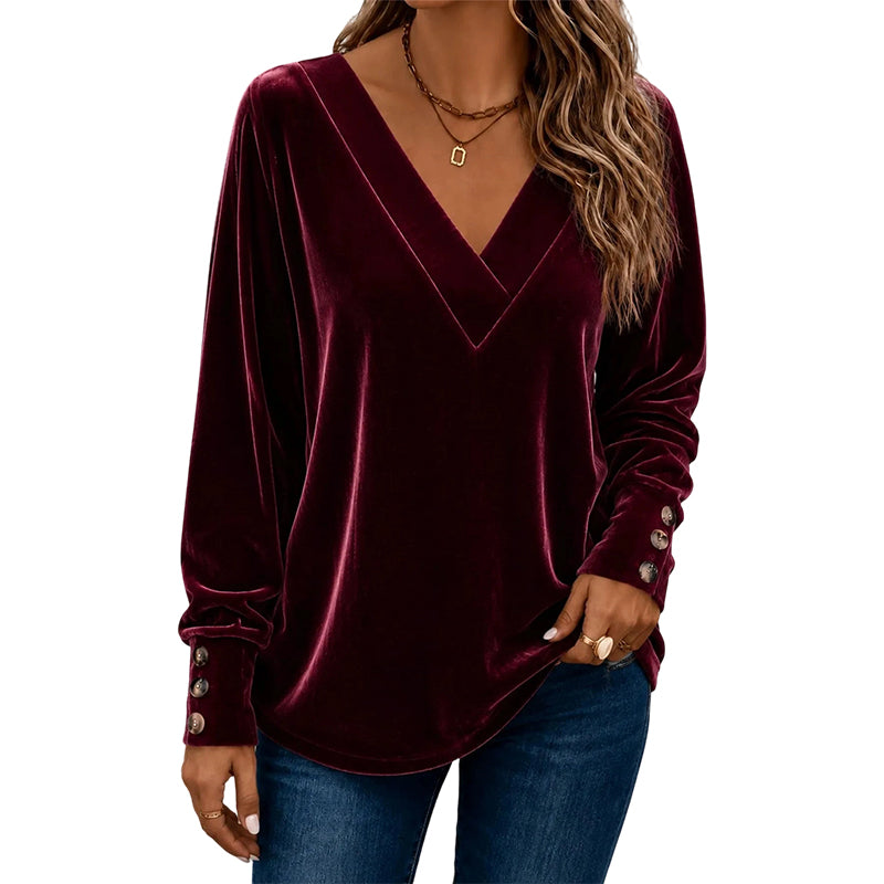 👚 Damen Samtoberteil mit V-Ausschnitt & langen Ärmeln – Edler Glanz, weicher Samt & feminine Silhouette | Perfekt für Alltag, Büro & besondere Anlässe – Jetzt -50%!