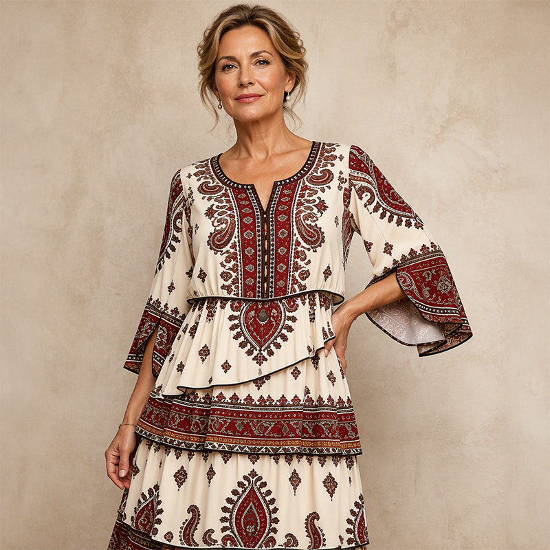 📢📢50%Rabatt!!!🎉✨Damen Boho-Kleid mit V-Ausschnitt und stufenförmigen Rüschen