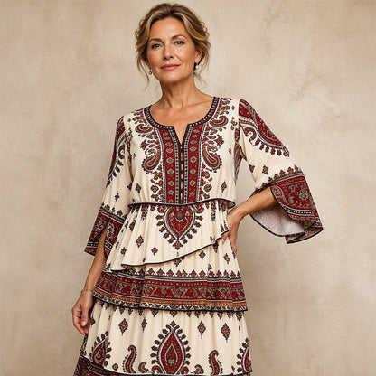 📢📢50%Rabatt!!!🎉✨Damen Boho-Kleid mit V-Ausschnitt und stufenförmigen Rüschen