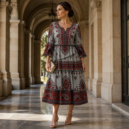 📢📢50%Rabatt!!!🎉✨Damen Boho-Kleid mit V-Ausschnitt und stufenförmigen Rüschen