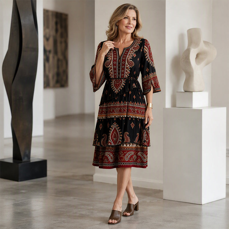 📢📢50%Rabatt!!!🎉✨Damen Boho-Kleid mit V-Ausschnitt und stufenförmigen Rüschen