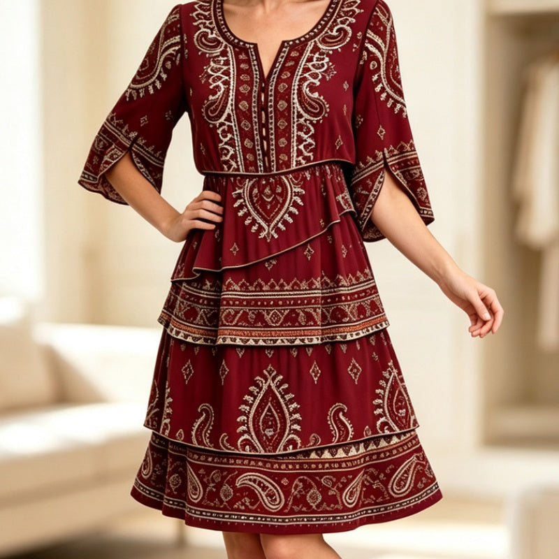 📢📢50%Rabatt!!!🎉✨Damen Boho-Kleid mit V-Ausschnitt und stufenförmigen Rüschen