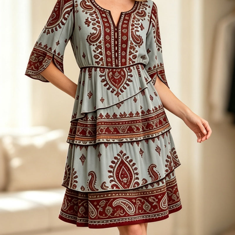 📢📢50%Rabatt!!!🎉✨Damen Boho-Kleid mit V-Ausschnitt und stufenförmigen Rüschen