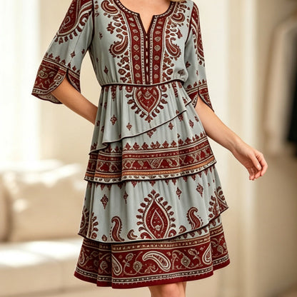 📢📢50%Rabatt!!!🎉✨Damen Boho-Kleid mit V-Ausschnitt und stufenförmigen Rüschen