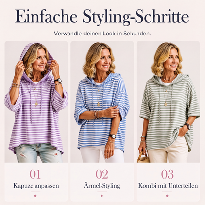 🧥 Weites gestreiftes Damen-Kapuzenpullover mit 3/4-Ärmeln – Legerer Look, weicher Stoff & vielseitig kombinierbar | Perfekt für Alltag, Freizeit & warme Tage – Jetzt -50%!