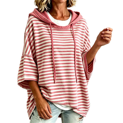 🧥 Weites gestreiftes Damen-Kapuzenpullover mit 3/4-Ärmeln – Legerer Look, weicher Stoff & vielseitig kombinierbar | Perfekt für Alltag, Freizeit & warme Tage – Jetzt -50%!