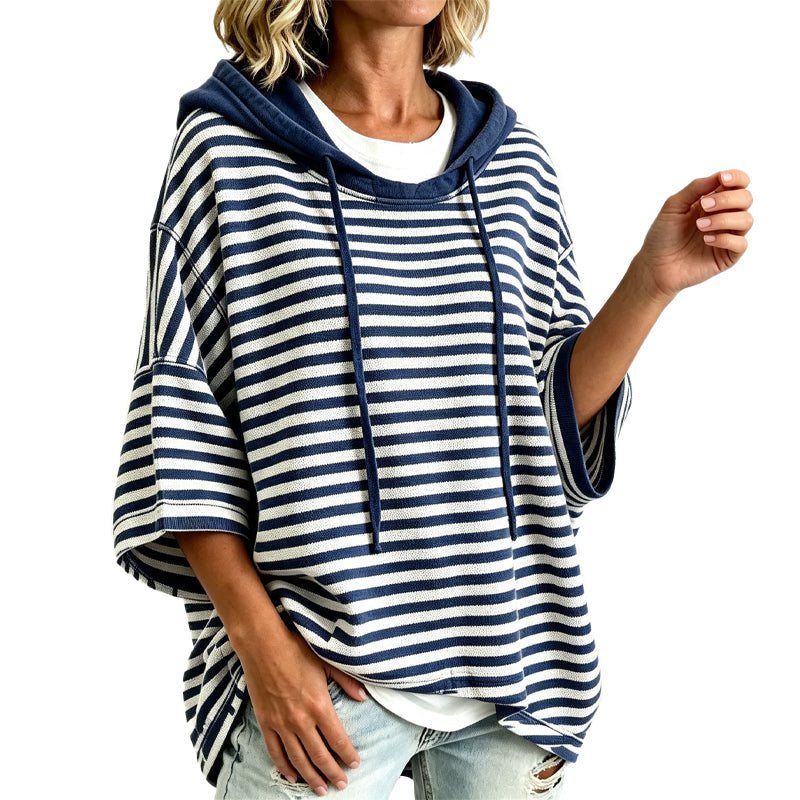 🧥 Weites gestreiftes Damen-Kapuzenpullover mit 3/4-Ärmeln – Legerer Look, weicher Stoff & vielseitig kombinierbar | Perfekt für Alltag, Freizeit & warme Tage – Jetzt -50%!