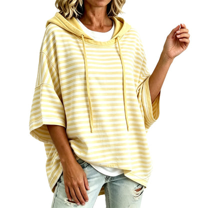 🧥 Weites gestreiftes Damen-Kapuzenpullover mit 3/4-Ärmeln – Legerer Look, weicher Stoff & vielseitig kombinierbar | Perfekt für Alltag, Freizeit & warme Tage – Jetzt -50%!