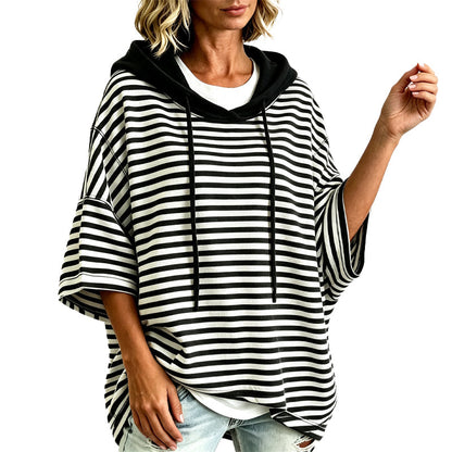 🧥 Weites gestreiftes Damen-Kapuzenpullover mit 3/4-Ärmeln – Legerer Look, weicher Stoff & vielseitig kombinierbar | Perfekt für Alltag, Freizeit & warme Tage – Jetzt -50%!
