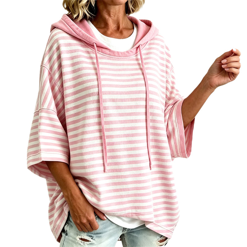 🧥 Weites gestreiftes Damen-Kapuzenpullover mit 3/4-Ärmeln – Legerer Look, weicher Stoff & vielseitig kombinierbar | Perfekt für Alltag, Freizeit & warme Tage – Jetzt -50%!