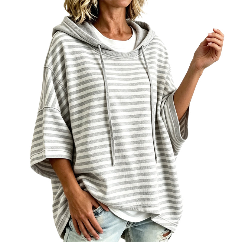 🧥 Weites gestreiftes Damen-Kapuzenpullover mit 3/4-Ärmeln – Legerer Look, weicher Stoff & vielseitig kombinierbar | Perfekt für Alltag, Freizeit & warme Tage – Jetzt -50%!