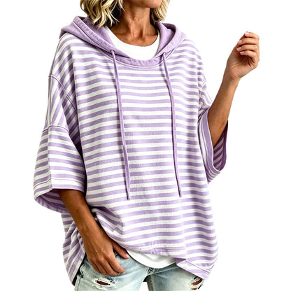🧥 Weites gestreiftes Damen-Kapuzenpullover mit 3/4-Ärmeln – Legerer Look, weicher Stoff & vielseitig kombinierbar | Perfekt für Alltag, Freizeit & warme Tage – Jetzt -50%!