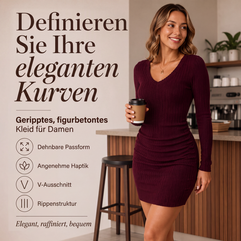 🌸 Elegantes geripptes Strickkleid mit V-Ausschnitt für Damen