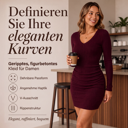 🌸 Elegantes geripptes Strickkleid mit V-Ausschnitt für Damen
