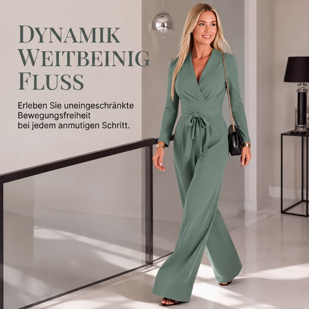 📢📢50%Rabatt!!!🎉✨Langärmeliger V-Ausschnitt-Overall mit Gürtel für Damen – Figurumspielender Schnitt, fließender Stoff & vielseitig kombinierbar – Perfekt für Alltag, Büro & besondere Anlässe