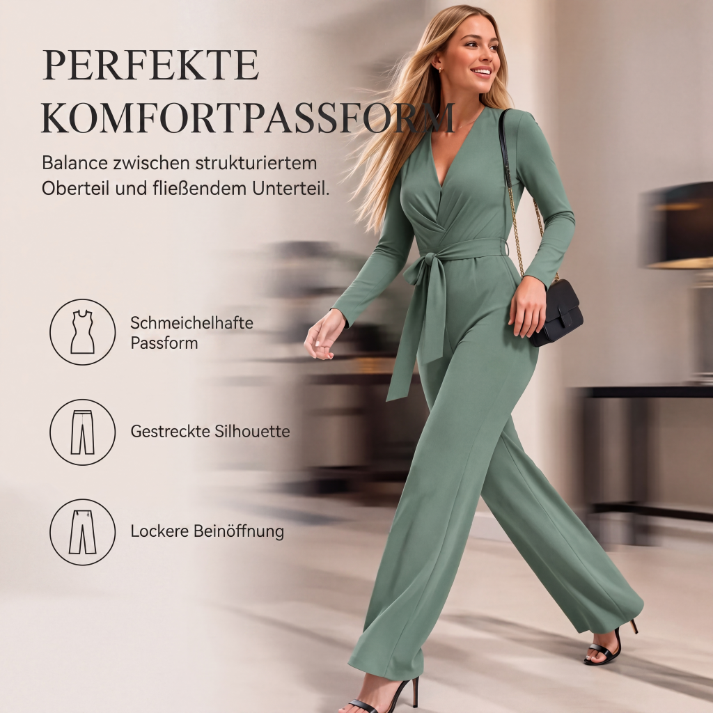 📢📢50%Rabatt!!!🎉✨Langärmeliger V-Ausschnitt-Overall mit Gürtel für Damen – Figurumspielender Schnitt, fließender Stoff & vielseitig kombinierbar – Perfekt für Alltag, Büro & besondere Anlässe