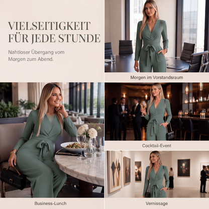 📢📢50%Rabatt!!!🎉✨Langärmeliger V-Ausschnitt-Overall mit Gürtel für Damen – Figurumspielender Schnitt, fließender Stoff & vielseitig kombinierbar – Perfekt für Alltag, Büro & besondere Anlässe