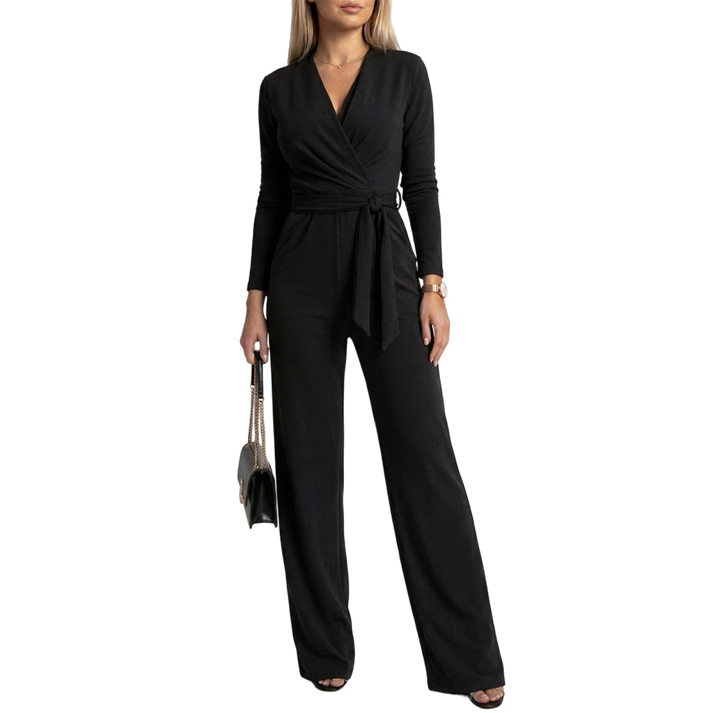 📢📢50%Rabatt!!!🎉✨Langärmeliger V-Ausschnitt-Overall mit Gürtel für Damen – Figurumspielender Schnitt, fließender Stoff & vielseitig kombinierbar – Perfekt für Alltag, Büro & besondere Anlässe