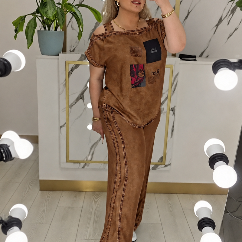 📢📢50%Rabatt!!!🎉✨Schulterfreies Oberteil mit weiter Hose für Damen – Eleganter Look, fließender Stoff & feminine Silhouette – Perfekt für warme Tage & besondere Anlässe
