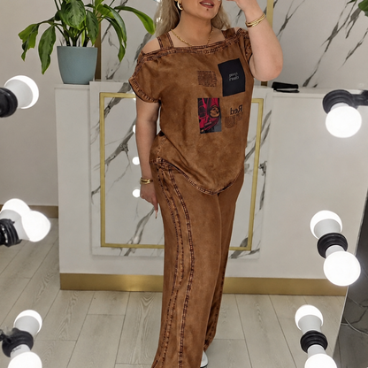 📢📢50%Rabatt!!!🎉✨Schulterfreies Oberteil mit weiter Hose für Damen – Eleganter Look, fließender Stoff & feminine Silhouette – Perfekt für warme Tage & besondere Anlässe