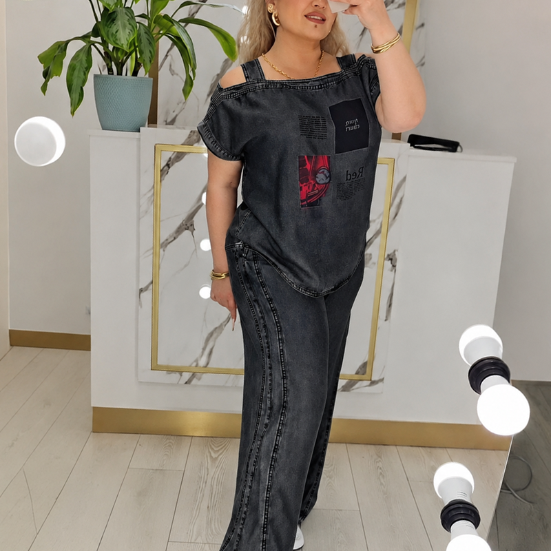 📢📢50%Rabatt!!!🎉✨Schulterfreies Oberteil mit weiter Hose für Damen – Eleganter Look, fließender Stoff & feminine Silhouette – Perfekt für warme Tage & besondere Anlässe