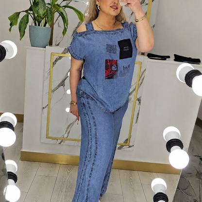 📢📢50%Rabatt!!!🎉✨Schulterfreies Oberteil mit weiter Hose für Damen – Eleganter Look, fließender Stoff & feminine Silhouette – Perfekt für warme Tage & besondere Anlässe