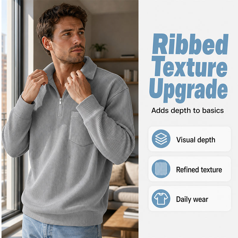 📢📢50%Rabatt!!!🎉✨Men's Casual Ribbed Half Zip Sweater – Figurbetonter Rippstrick, praktischer Reißverschluss & vielseitig kombinierbar – Perfekt für Alltag, Freizeit & kühle Tage