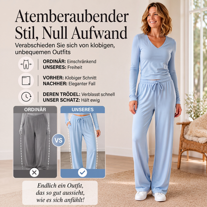 📣📣50%Rabatt!!!🎉✨Set mit V-Ausschnitt-Oberteil & weiter Hose – Leichter Stoff, bequemer Sitz & vielseitig kombinierbar – Perfekt für Frühling, Herbst & entspannte Stunden