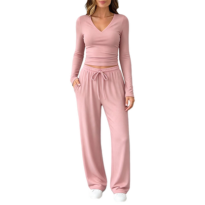 📣📣50%Rabatt!!!🎉✨Set mit V-Ausschnitt-Oberteil & weiter Hose – Leichter Stoff, bequemer Sitz & vielseitig kombinierbar – Perfekt für Frühling, Herbst & entspannte Stunden