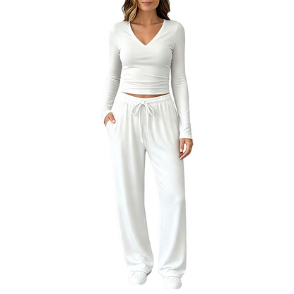 📣📣50%Rabatt!!!🎉✨Set mit V-Ausschnitt-Oberteil & weiter Hose – Leichter Stoff, bequemer Sitz & vielseitig kombinierbar – Perfekt für Frühling, Herbst & entspannte Stunden