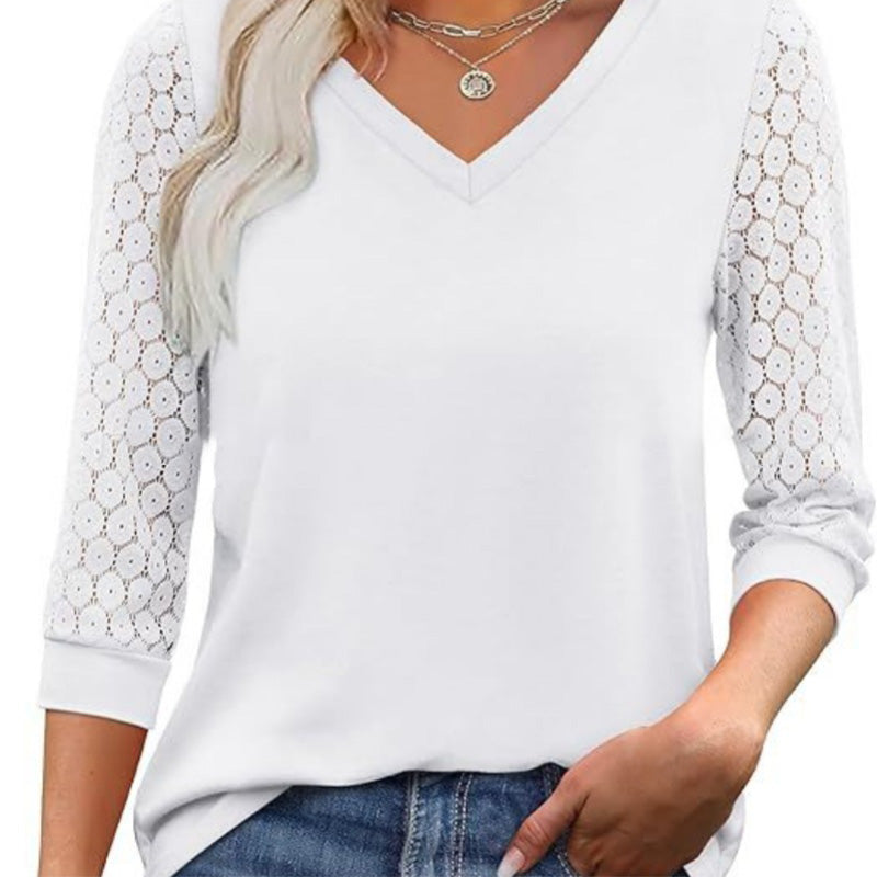 📢📢50%Rabatt!!!🎉✨Lässiges Damen-Top mit V-Ausschnitt & 3/4-Ärmeln aus Spitze