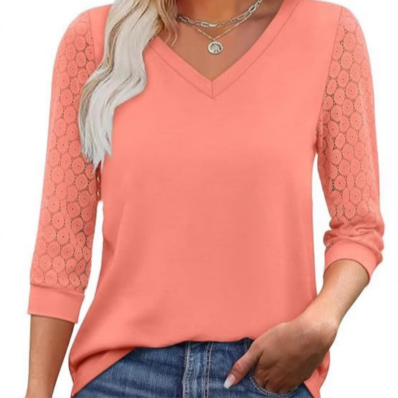📢📢50%Rabatt!!!🎉✨Lässiges Damen-Top mit V-Ausschnitt & 3/4-Ärmeln aus Spitze